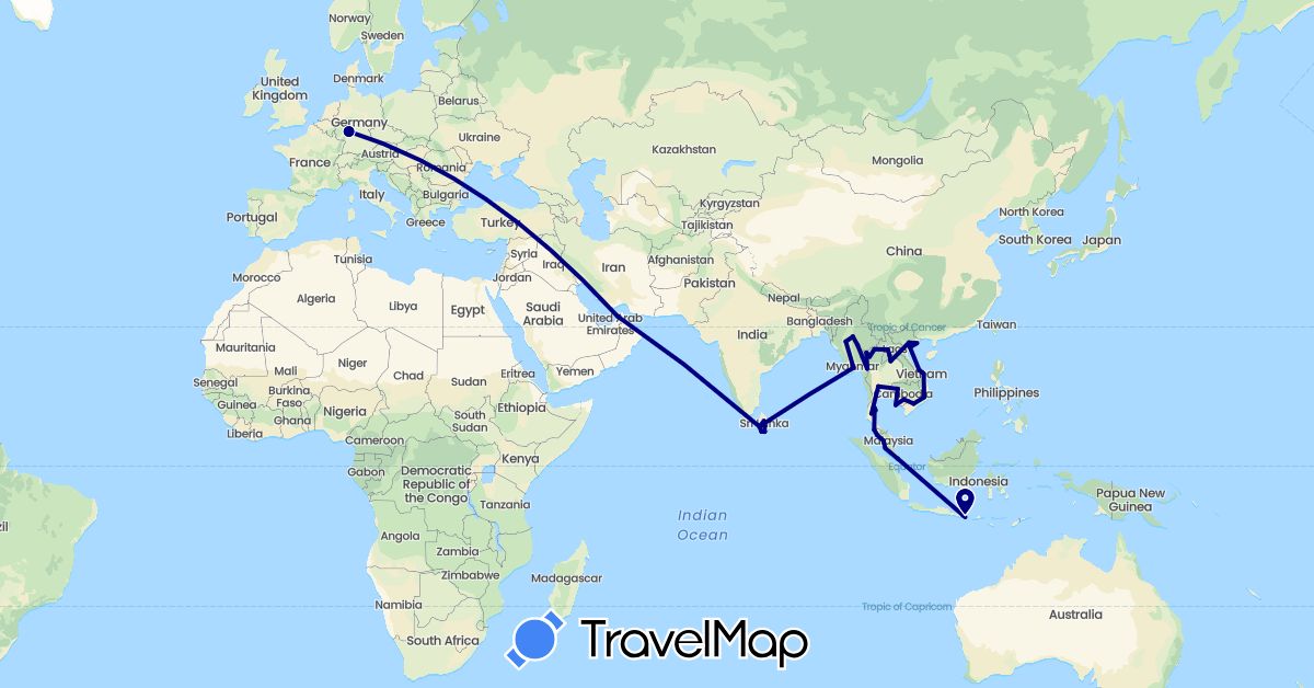 TravelMap itinerary: driving in United Arab Emirates, Germany, Indonesia, Cambodia, Laos, Sri Lanka, Myanmar (Burma), Malaysia, Singapore, Thailand, Vietnam (Asia, Europe)